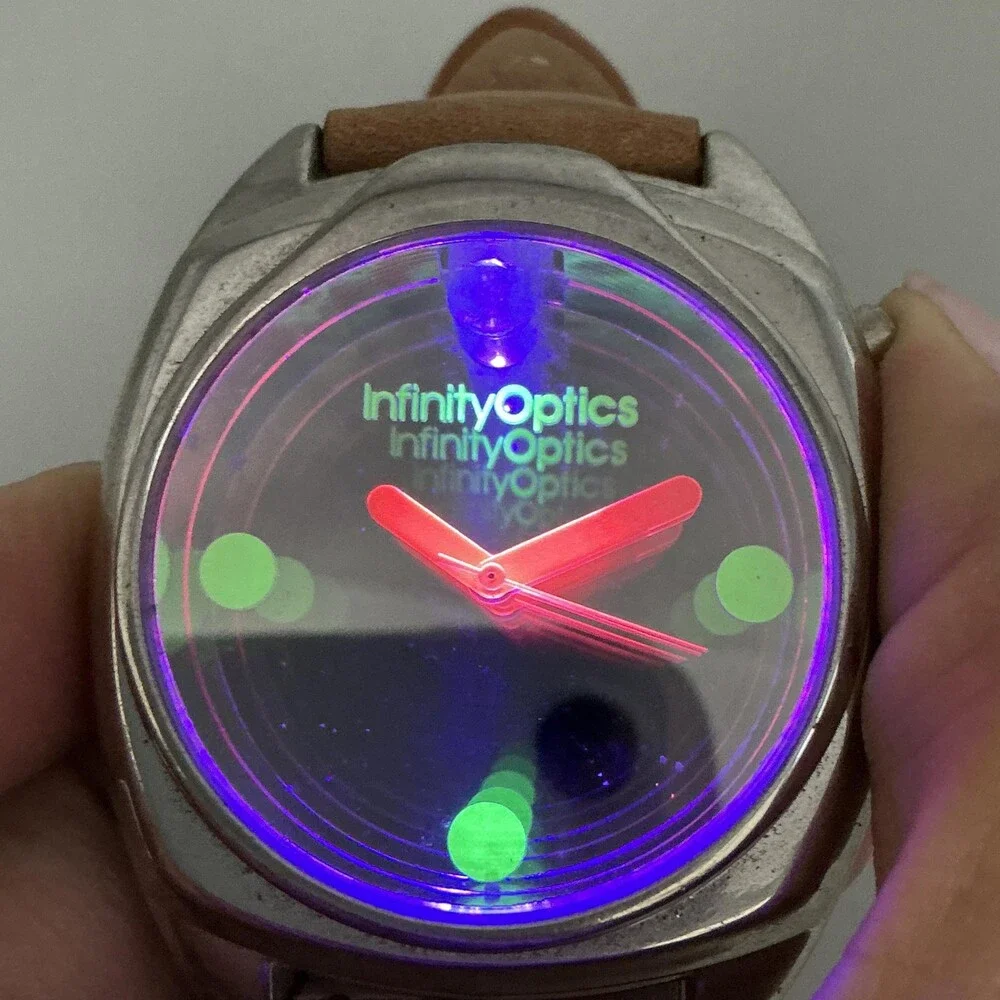 Can You Imagine Infinity Optics Mens Watch 44mm Silver Tone Leather New Battery
